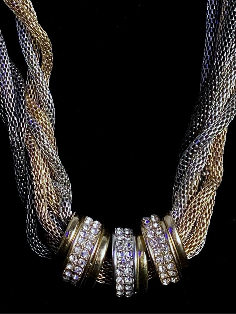 Tri-Tone Twisted Mesh Necklace with Crystal Accent Rings